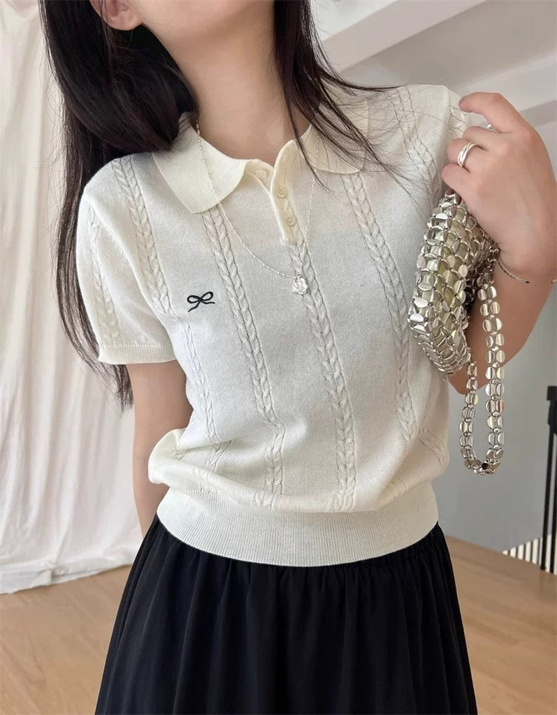 Embroidery Ribbon Collar Neck Button Down Braided Pattern Knitted Top