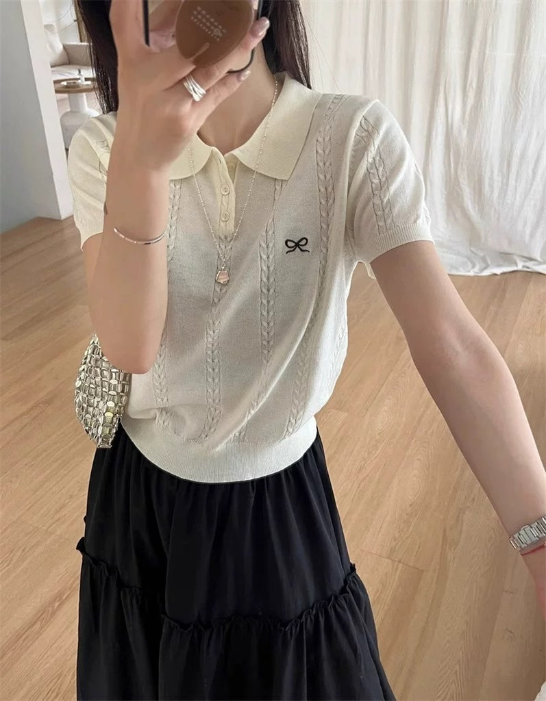 Embroidery Ribbon Collar Neck Button Down Braided Pattern Knitted Top