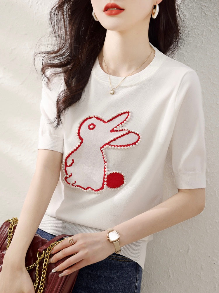 Pearl Detail Rabbit Knitted Top