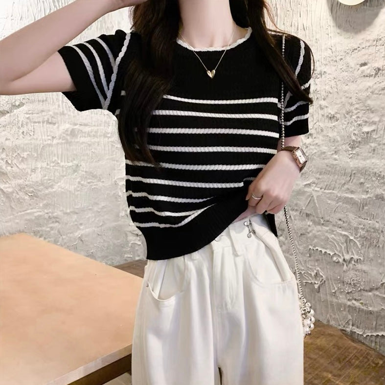 Stripe Combo Sleeve Embossed Pattern Knitted Top