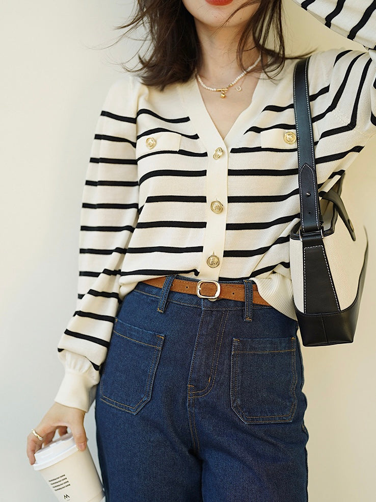 Non-working Pocket Button Down Stripe Knitted Cardigan Top