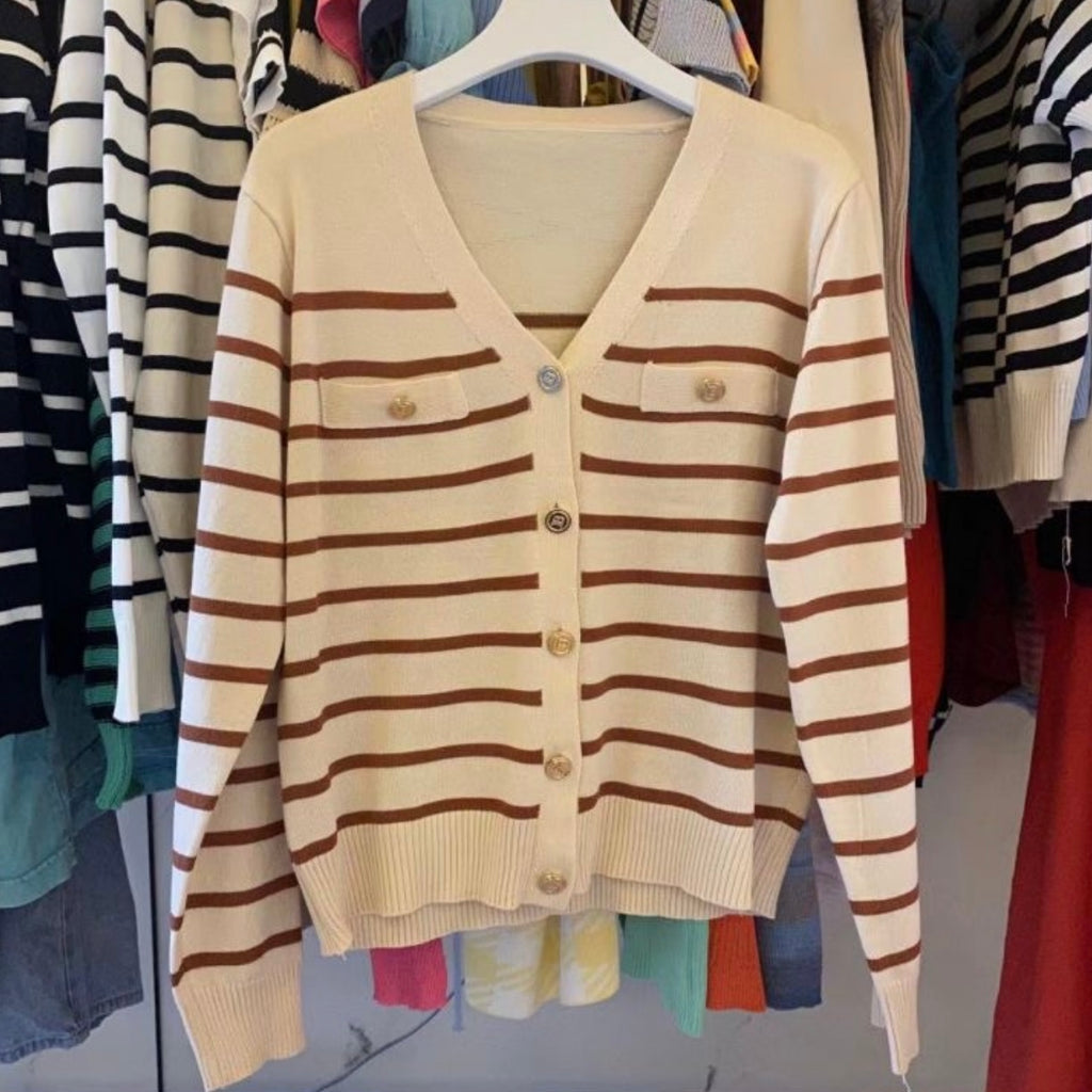 Non-working Pocket Button Down Stripe Knitted Cardigan Top