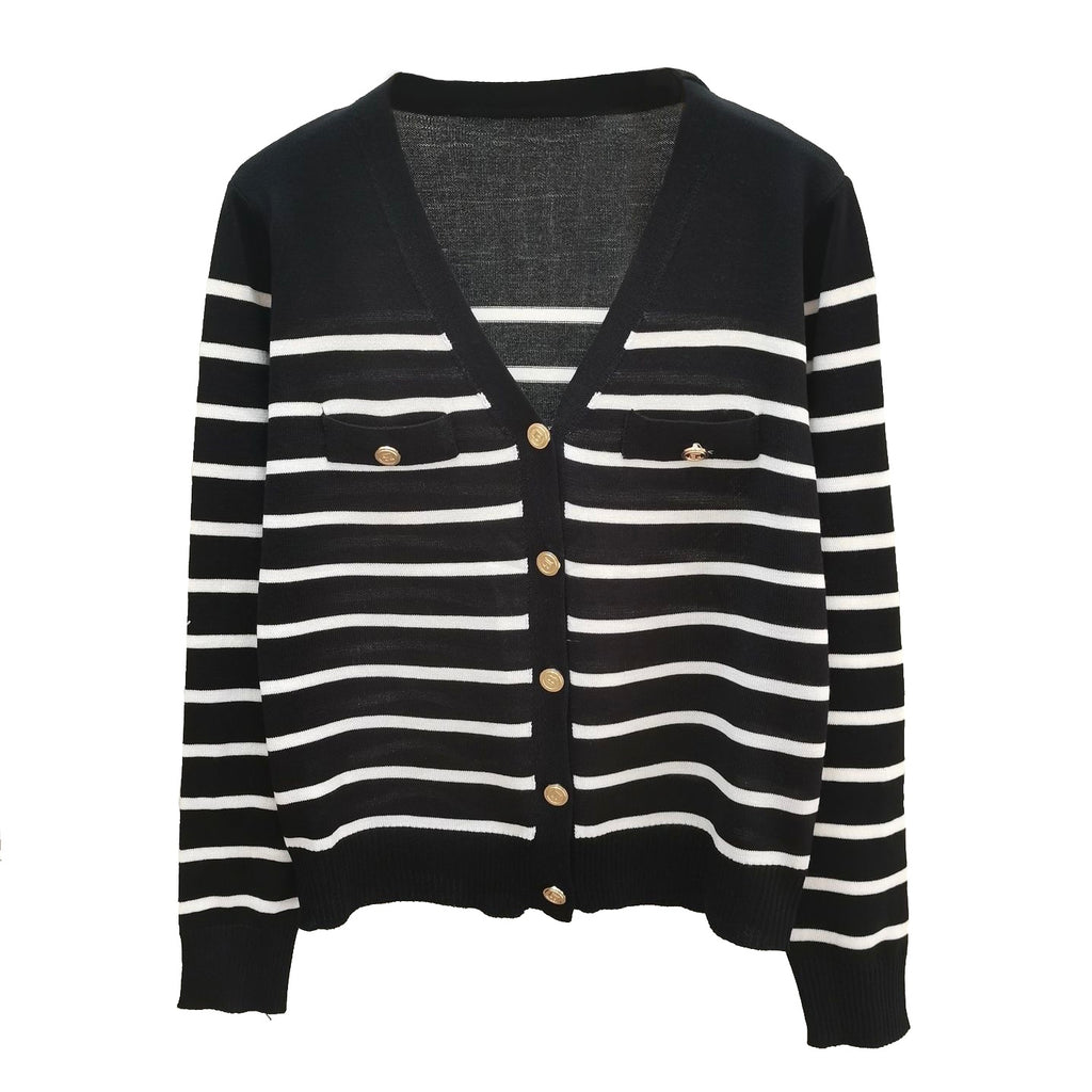 Non-working Pocket Button Down Stripe Knitted Cardigan Top