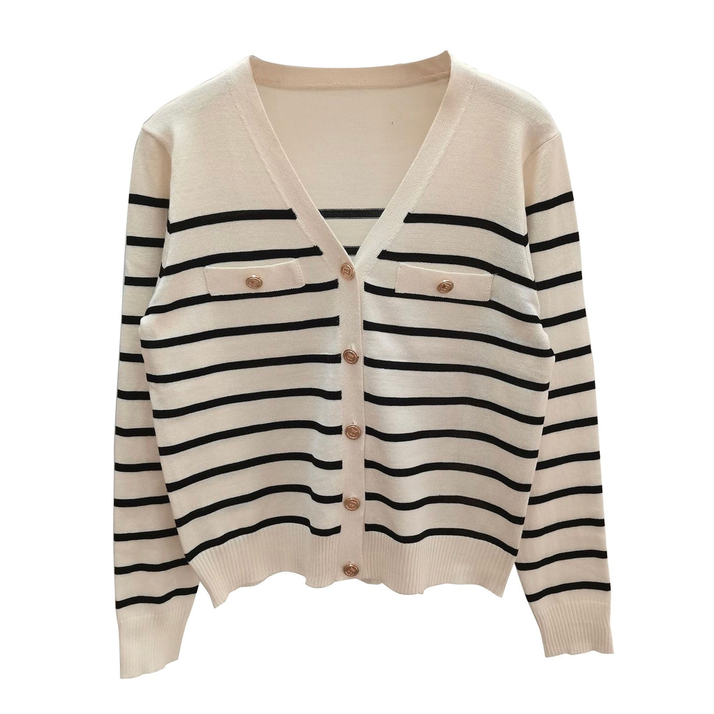 Non-working Pocket Button Down Stripe Knitted Cardigan Top