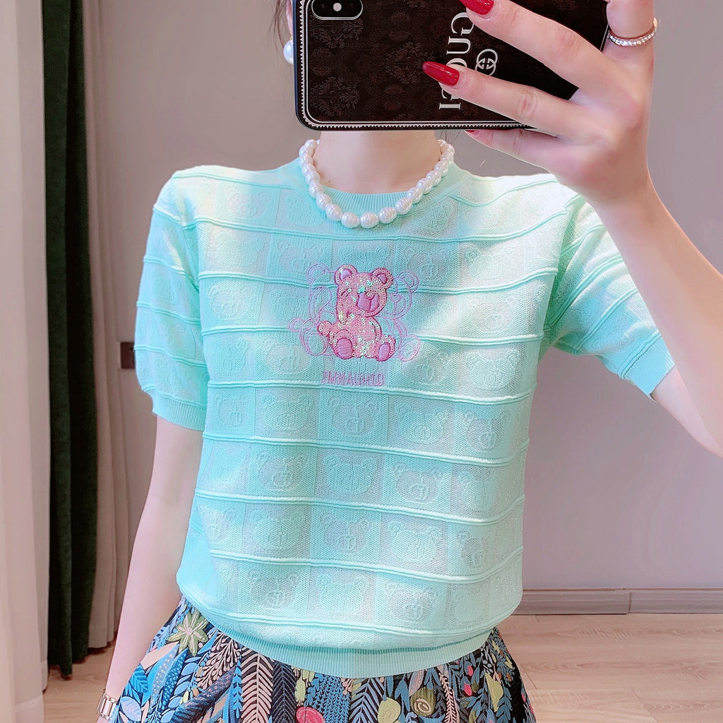 Embossed Bear Pattern Knitted Top