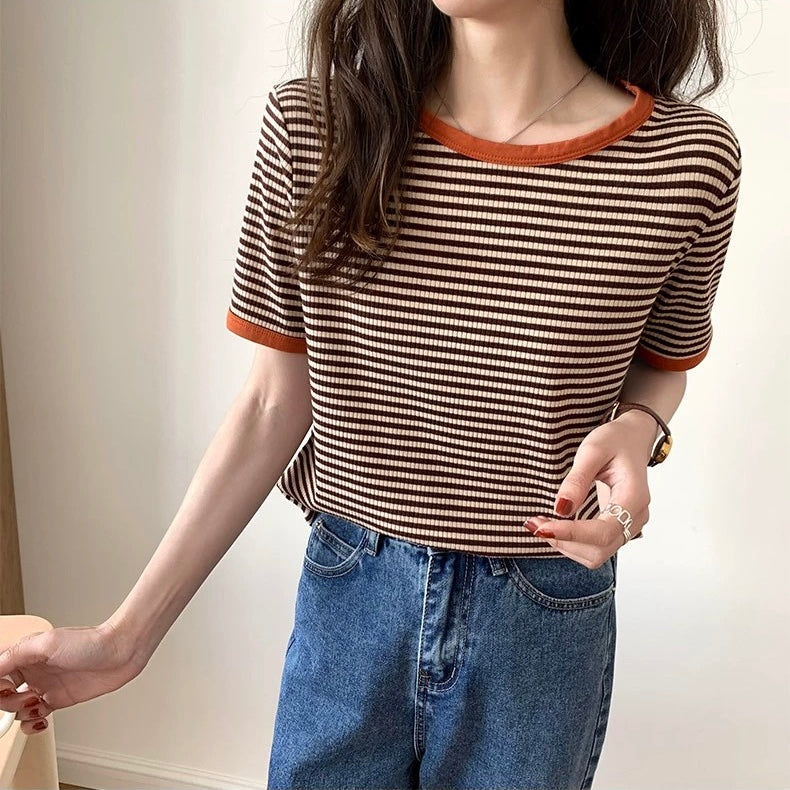 Retro Stripe Round Neck Daily Outfit Knitted Top