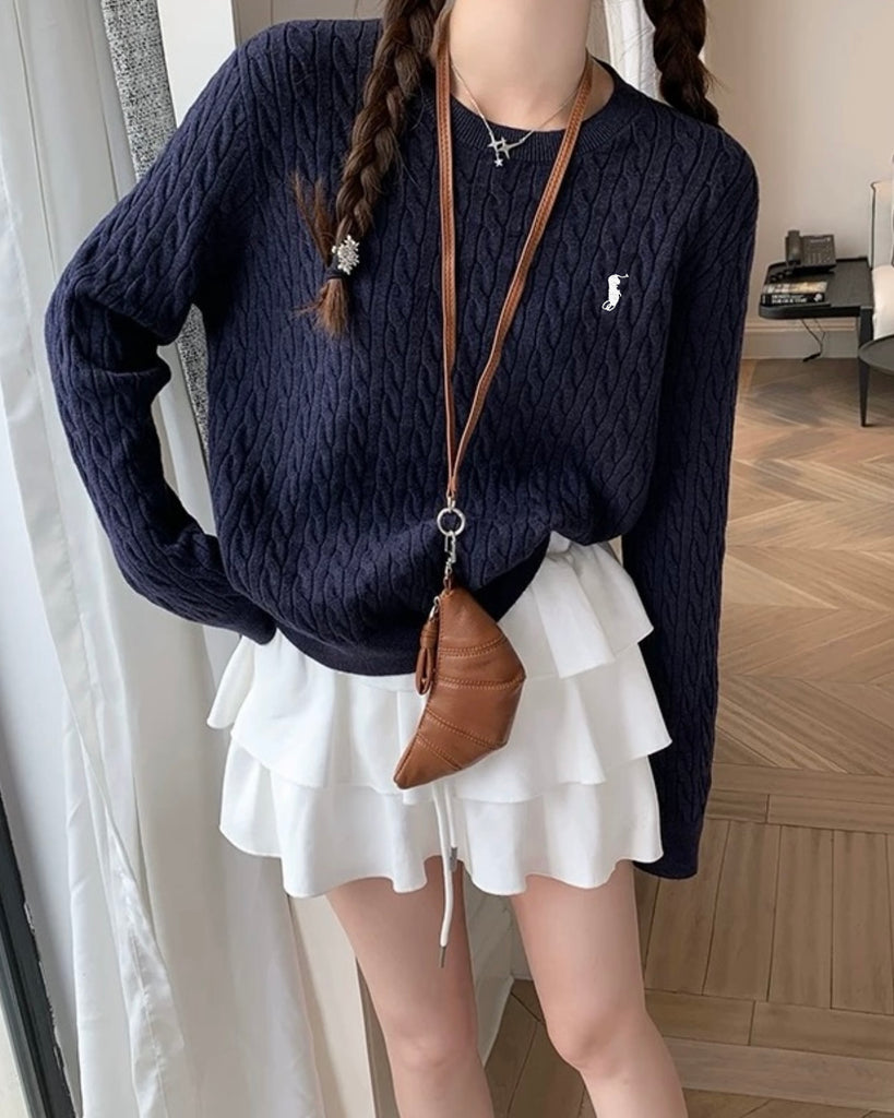 Braided Pattern Embroidery Long Sleeve Loose Soft Knitted Top