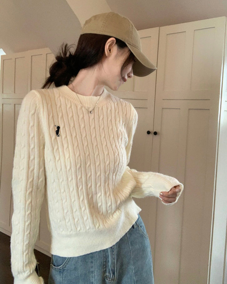 Braided Pattern Embroidery Long Sleeve Loose Soft Knitted Top