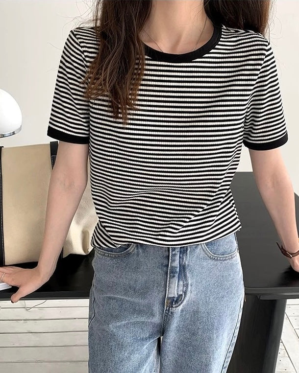 Retro Stripe Round Neck Daily Outfit Knitted Top