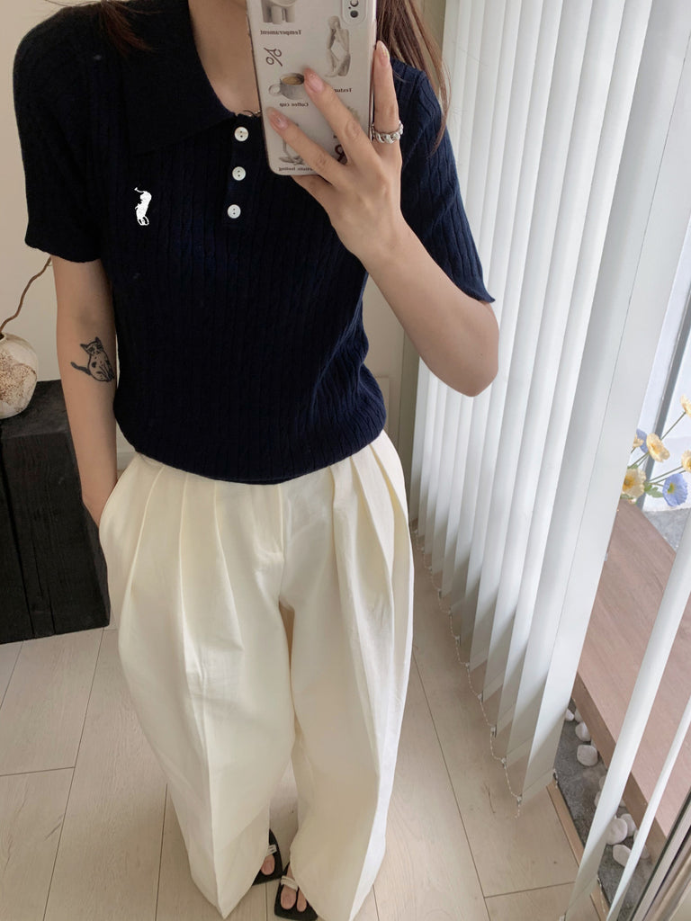 Embroidery Braided Pattern Button Down Collar Neck Soft Knitted Top