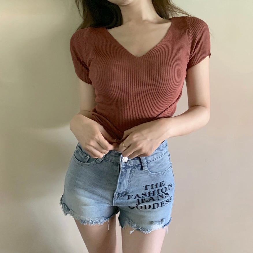 V-neck Solid Daily Outfit Knitted Top