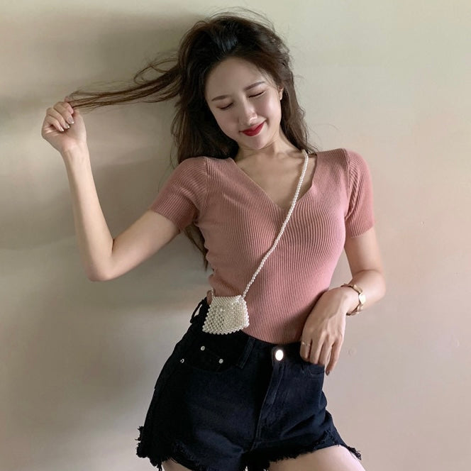 V-neck Solid Daily Outfit Knitted Top