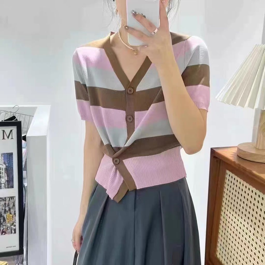 Multi Stripe Button Down Knitted Top