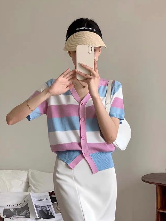 Multi Stripe Button Down Knitted Top