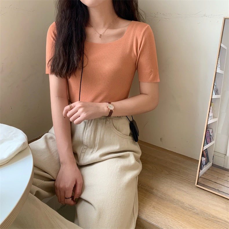 Square Neck Short Sleeve Solid Basic Knitted Top