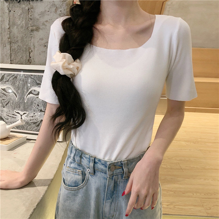 Square Neck Short Sleeve Solid Basic Knitted Top