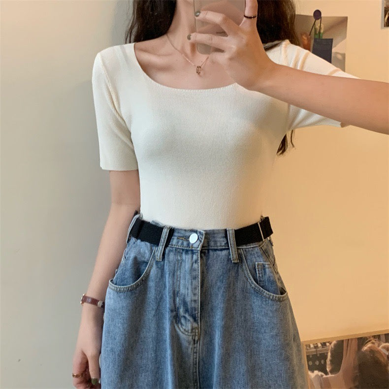 Square Neck Short Sleeve Solid Basic Knitted Top