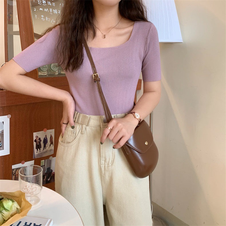 Square Neck Short Sleeve Solid Basic Knitted Top