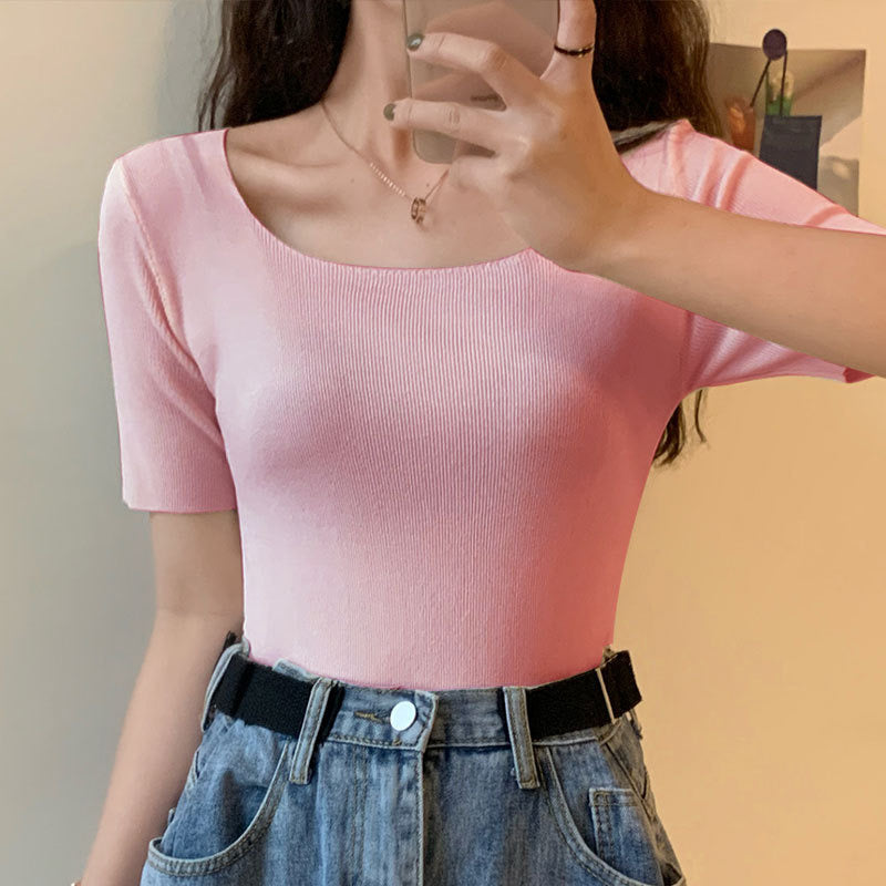 Square Neck Short Sleeve Solid Basic Knitted Top