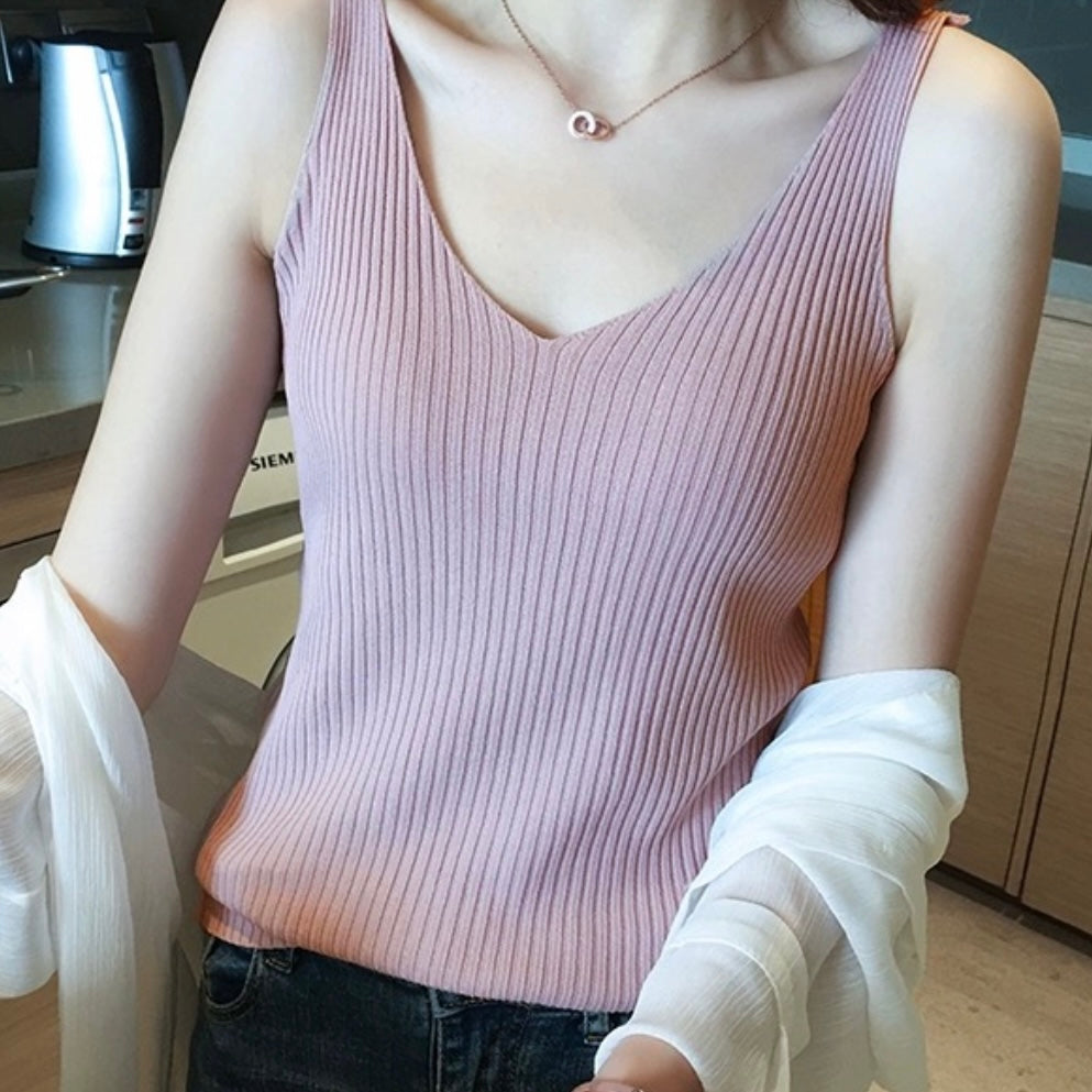 V-neck Simple All Match Sleeveless Knitted Top