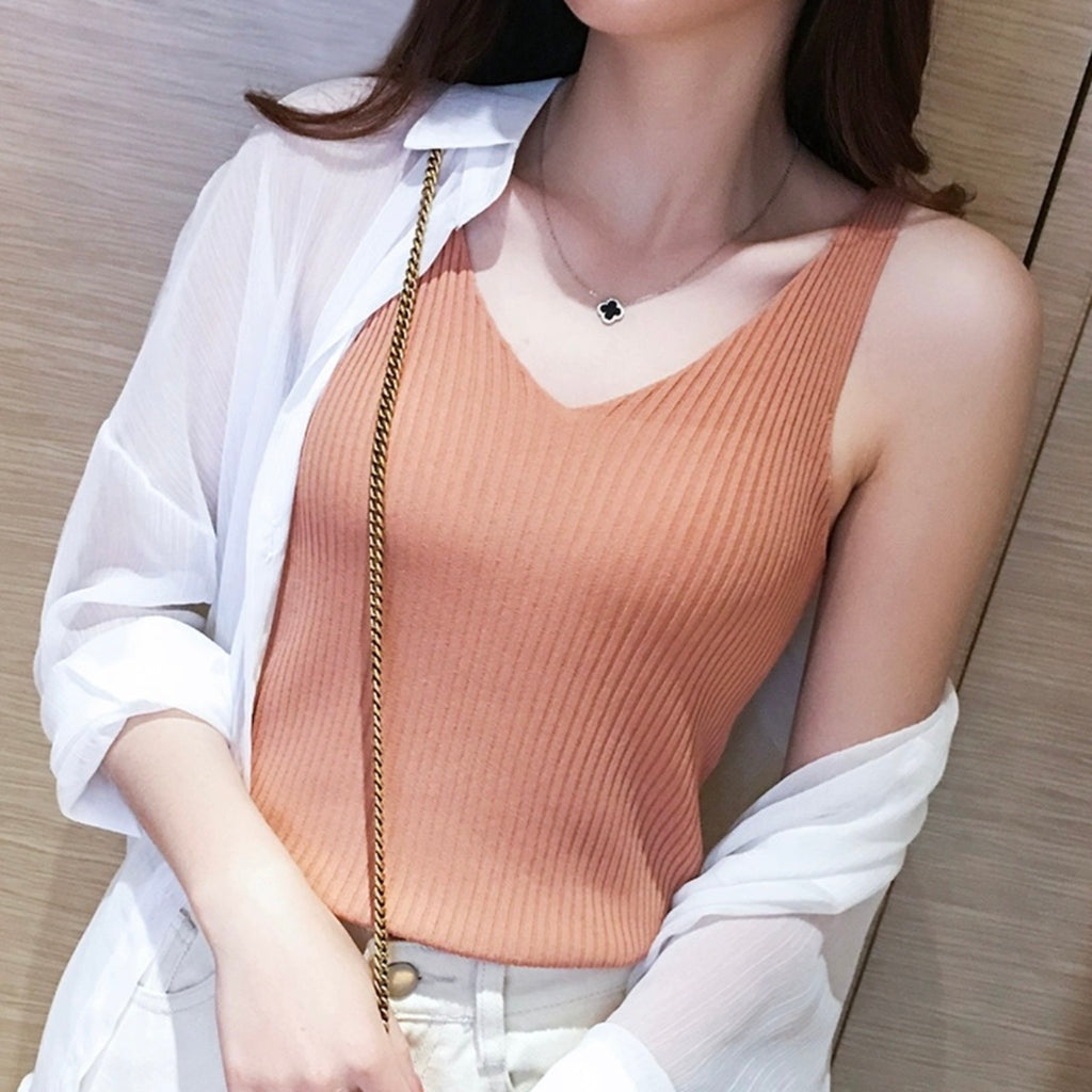 V-neck Simple All Match Sleeveless Knitted Top