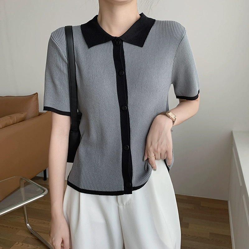 Button-up Polo Neck Color Trim Knitted Top