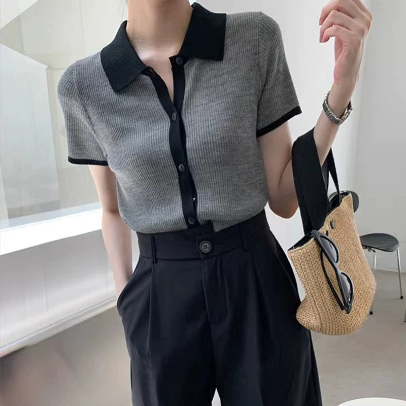 Button-up Polo Neck Color Trim Knitted Top
