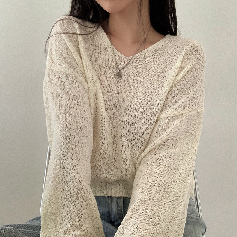 Korean Style V-neck Long Sleeve Woolen Knitted Top