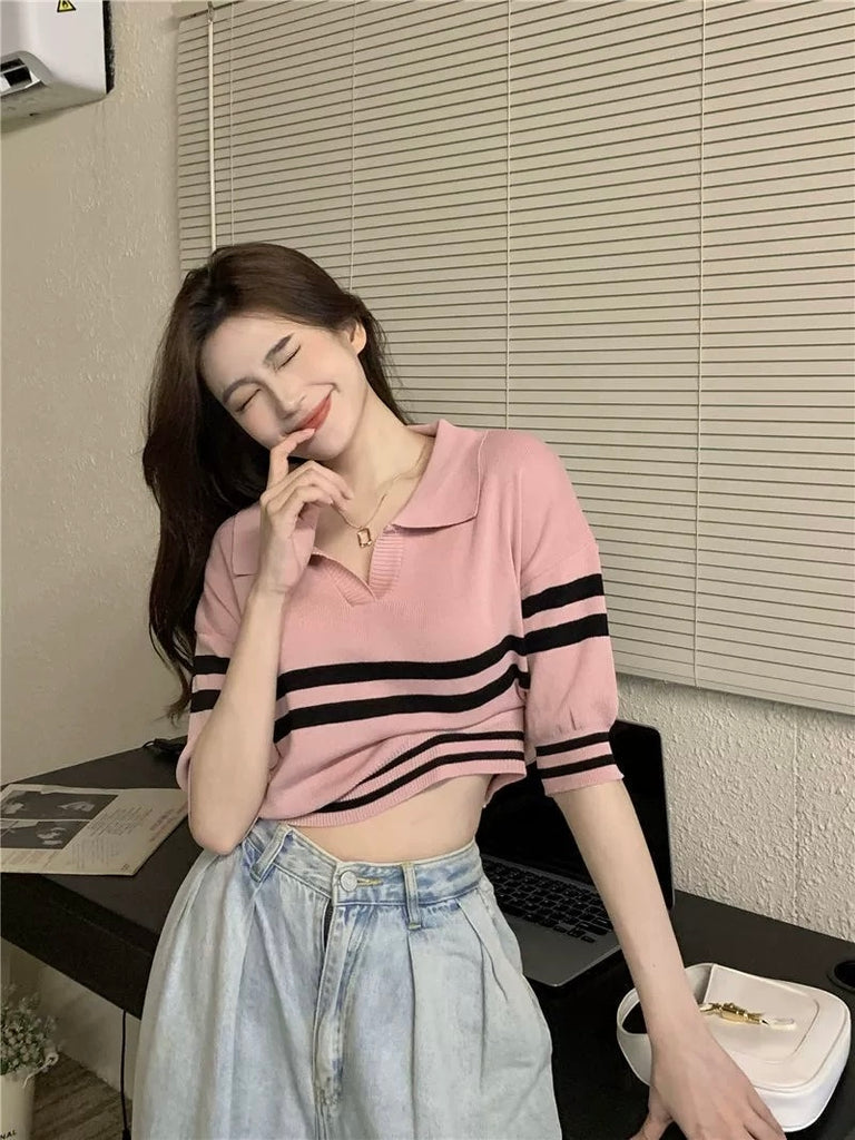 Collar Polo Neck Stripe Loose Knitted Top
