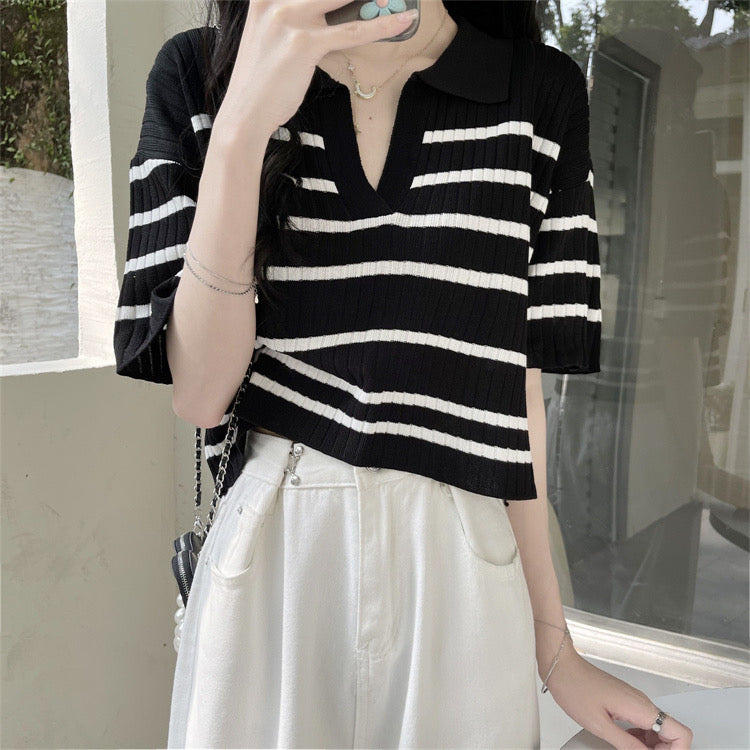Collar Polo Neck Stripe Loose Knitted Top