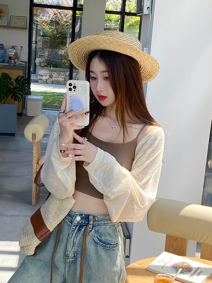 Long Sleeve Sunscreen Short Thin Cover-up Knitted Top