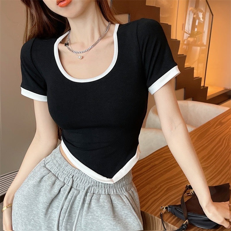 Unbalanced Hem Color Contrasted Trim Knitted Top