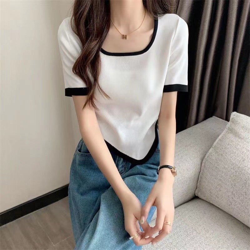 Unbalanced Hem Color Contrasted Trim Knitted Top