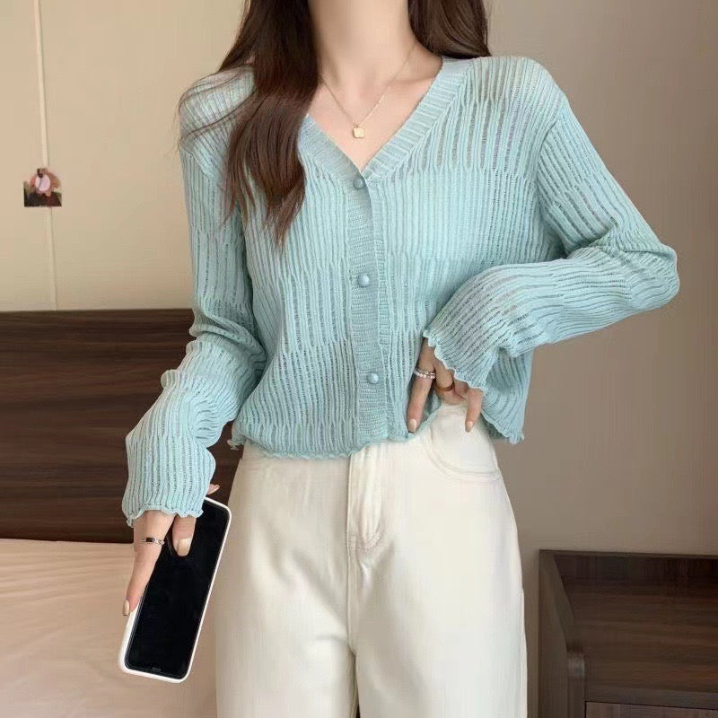 Long Sleeve Button Down Sunscreen Knitted Cardigan Top