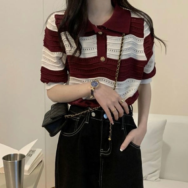 Eyelet Wave Pattern Polo Neck Knitted Top