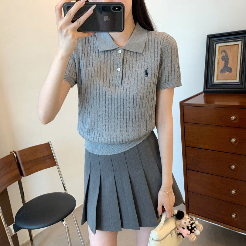 Embroidery Button Down Collar Neck Braided Pattern Knitted Top