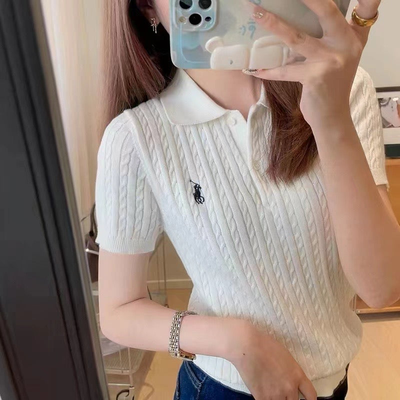 Embroidery Button Down Collar Neck Braided Pattern Knitted Top