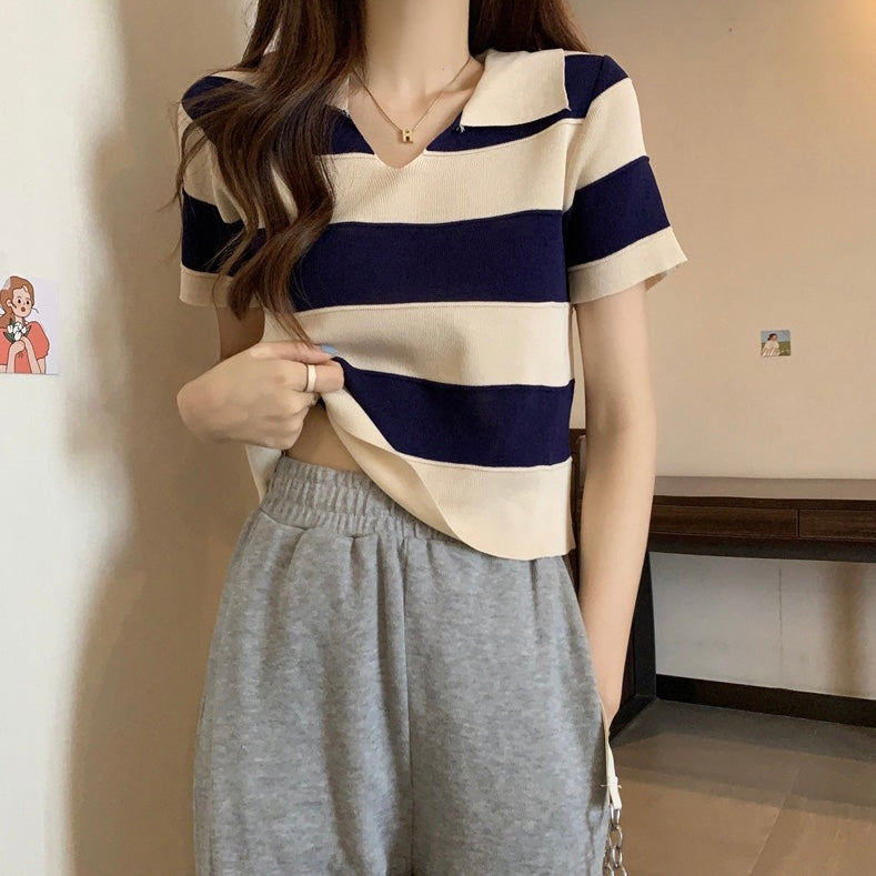 Collar Neck Stripe Knitted Top