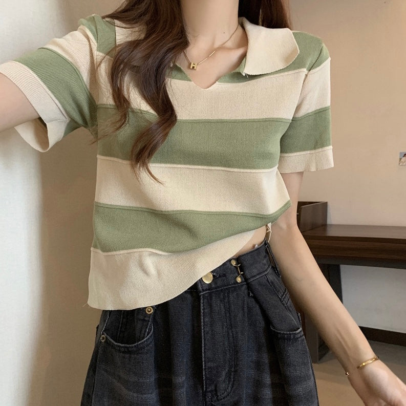 Collar Neck Stripe Knitted Top