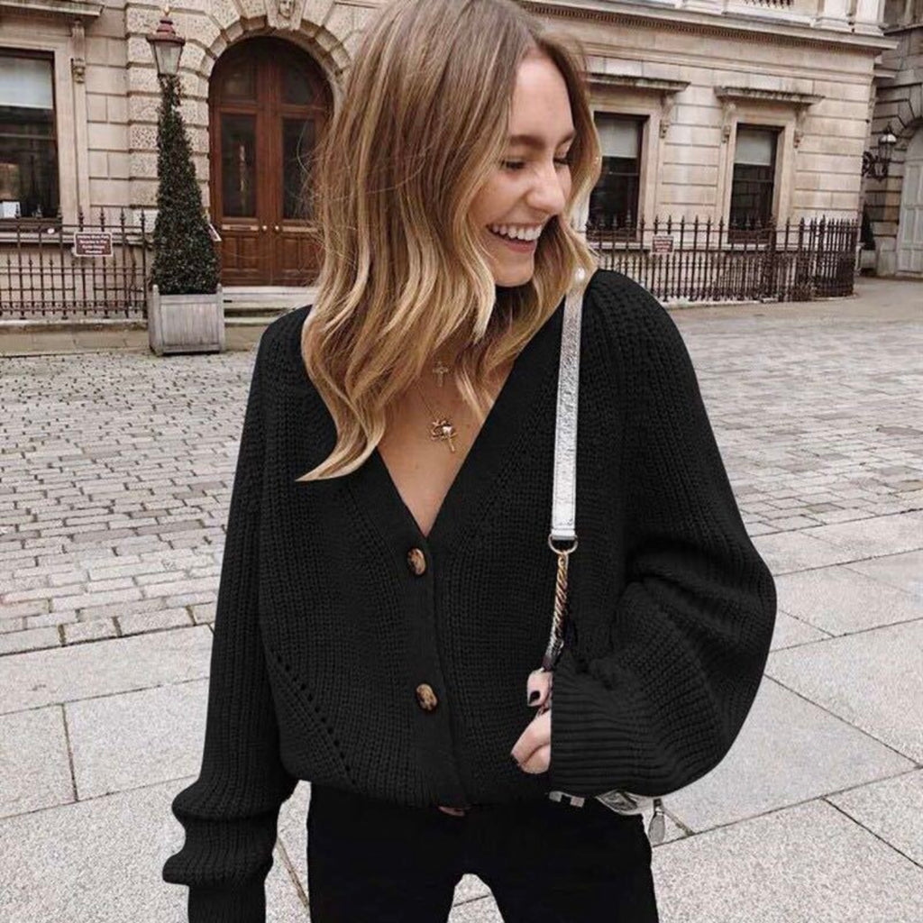 V-neck Button Down Long Sleeve Woolen Knitted Loose Cardigan Top