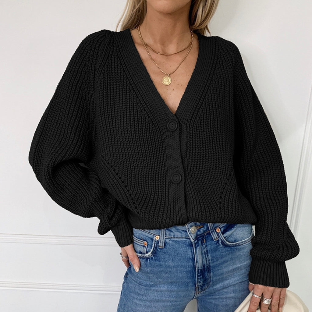 V-neck Button Down Long Sleeve Woolen Knitted Loose Cardigan Top