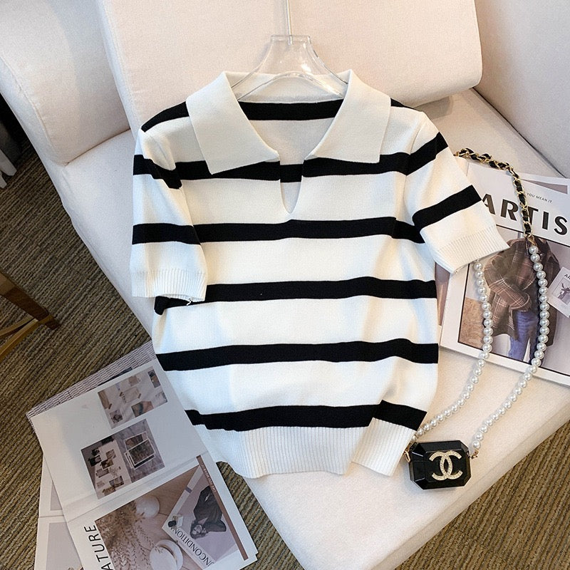 Collar Neck Stripe Loose Knitted Top
