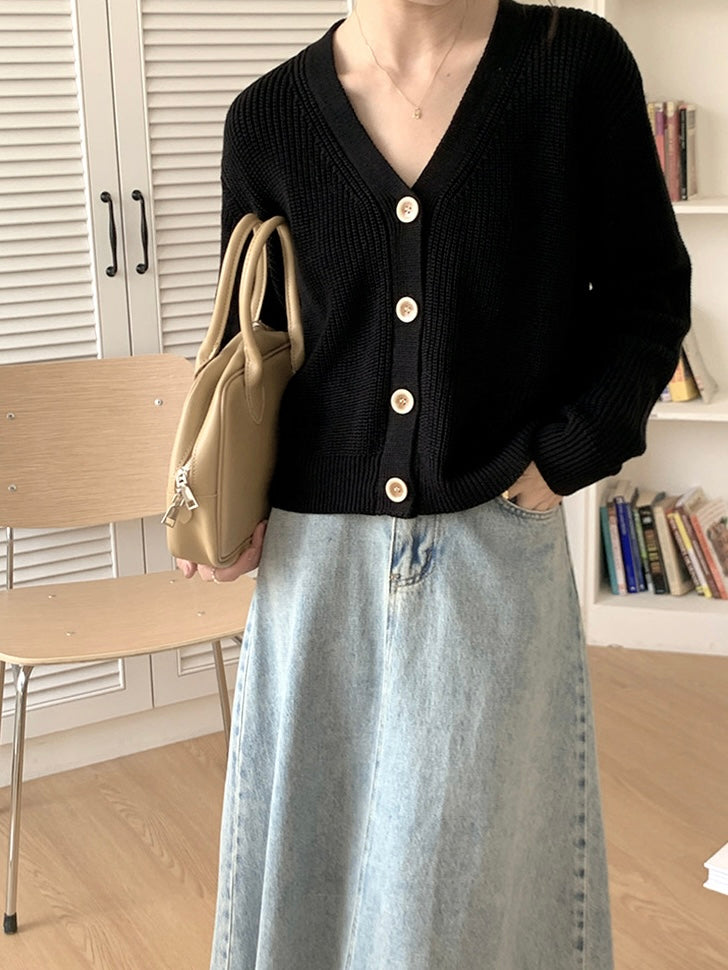 Long Sleeve All Match V-neck Button Down Loose Cardigan Top