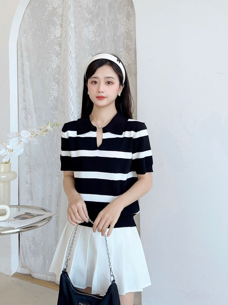 Collar Neck Stripe Loose Knitted Top