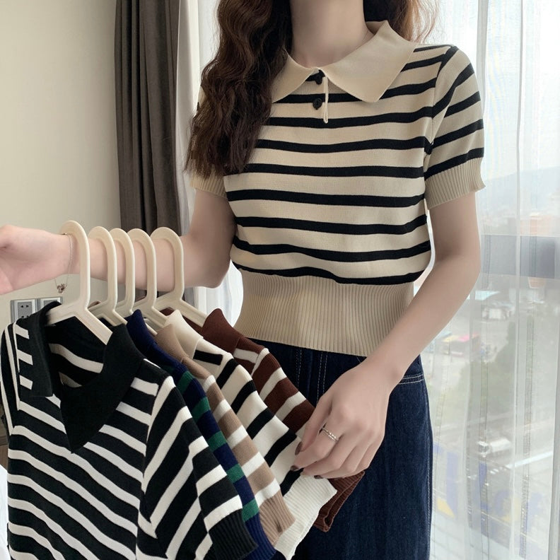 Collar Neck Button Down Stripe Knitted Top