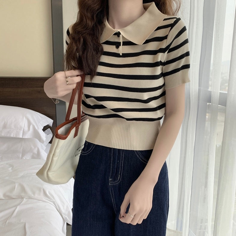 Collar Neck Button Down Stripe Knitted Top