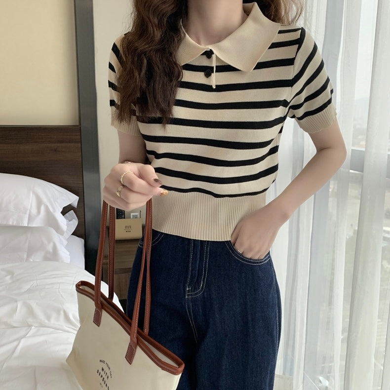 Collar Neck Button Down Stripe Knitted Top