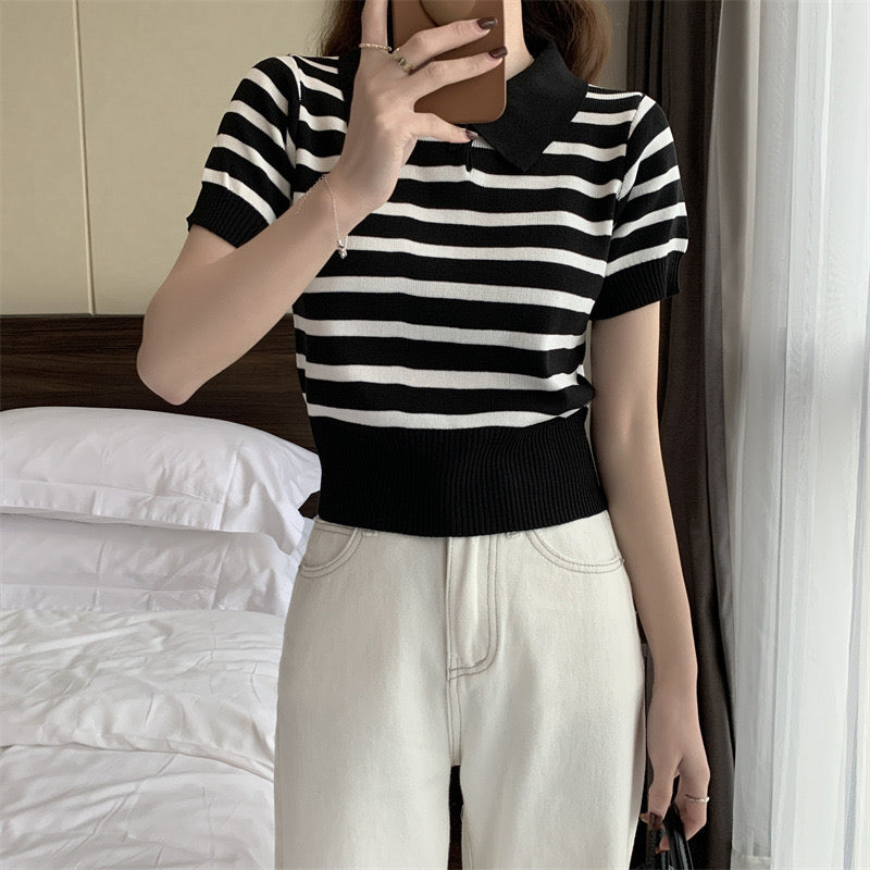 Collar Neck Button Down Stripe Knitted Top