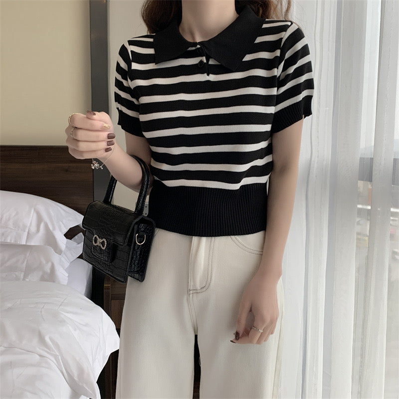 Collar Neck Button Down Stripe Knitted Top