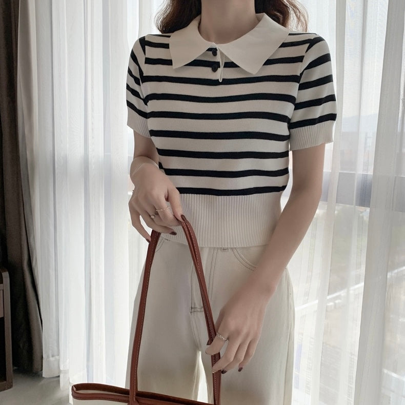 Collar Neck Button Down Stripe Knitted Top